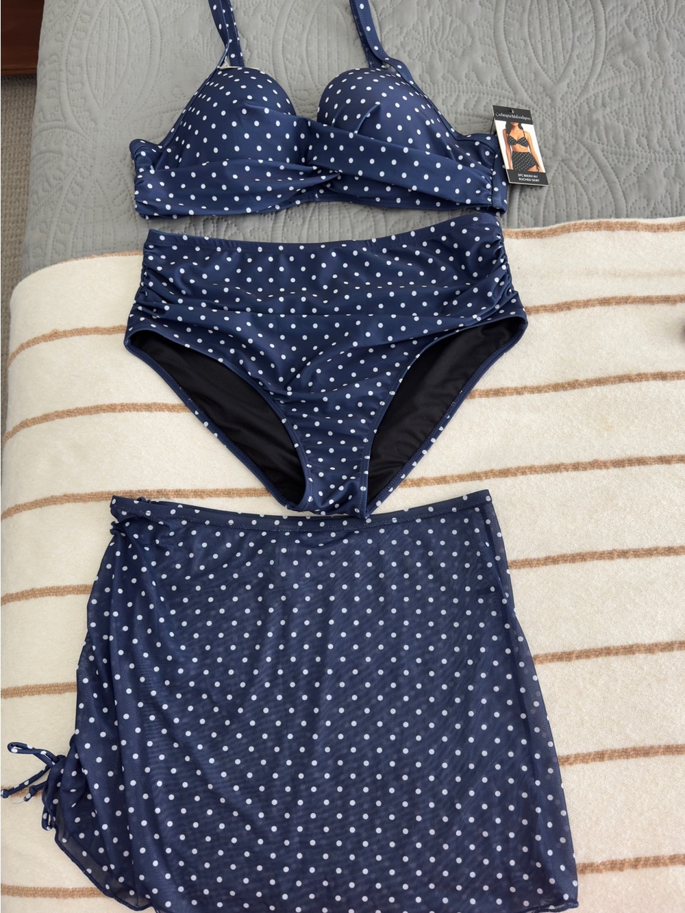 3pc NWT Catherine Malandrino Polka Dot Bikini Swimsuit w/ Skirt XL Blue White